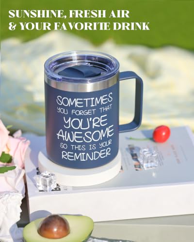 avodvo Inspirational Coffee Mug for Men, 12oz Insulated Stainless Steel Mug with Handle & 2 Lids – Sometimes You Forget You’re Awesome, Birthday & Appreciation Gift for Dad, Husband, Him, Navy Blue - image 5