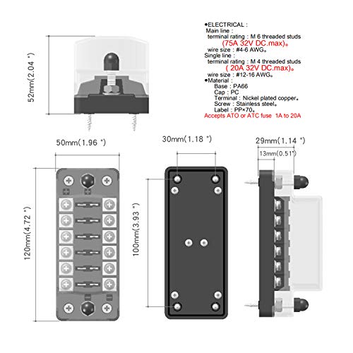 E-Bro 12V Fuse Block,Marine Fuse Block,Blade Fuse Block With Negative Bus Atc/Ato Waterproof Automotive Fuse Box For 12V/24V Automotive/Car/Truck/Boat/Marine/Rv (6 Way) #TOP2