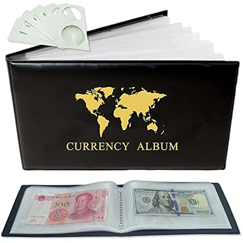 Paper Money World Currency Collection Album Book Binder,40 Pockets Dollar Holders Sleeves for Protector/Collector,Saving Challenge for Travel Bill/Banknote/Stamp/Cash-Fits Large Bills,6 Pcs Coin Flip Cover