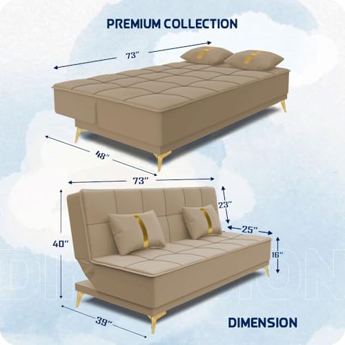 Image of Adorn India Premium New Alyssum 3 Seater Sofa Cum Bed 4X6 Velvet Suede with 2 Cushions (Color Beige) and Suitable for All Indoor, with 3 Years Warranty