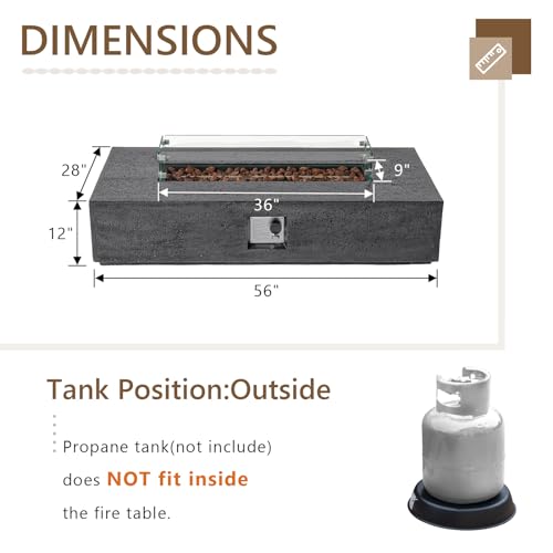 COSIEST 56-inch x 28-inch Outdoor Propane Fire Pit Coffee Table w Concrete Rectangle Base, Certified, 50,000 BTU, Free Lava Rocks and RainCover, Fits 20lb Tank Outside, Wind Guard, Gray