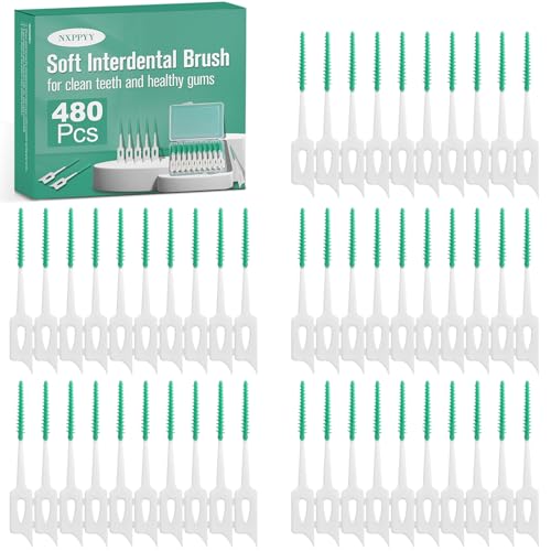 NXPPYY 480 Pcs Dental Floss Picks Soft Silicone Tooth Picks Flossers Interdental Brushes with Case Soft Dental Floss Picks for Teeth Cleaning Braces Bridges Adult Plaque Removal (Green)