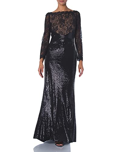 Tadashi Shoji Women's l/s lace and Sequin Gown, Black/Nude, 16