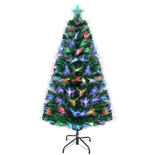 Uten Árvore de Natal com luzes de 150 cm, fibra ótica com luzes LED multicoloridas integradas, 170 pontas de PVC, árvore de natural com base metálica