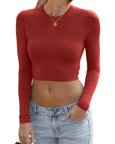 Abardsion Women's Sexy Long Sleeve Crop Tops 2025 - Basic Crew Neck Slim Fitted Fall Cropped Shirts(Big Red, S)