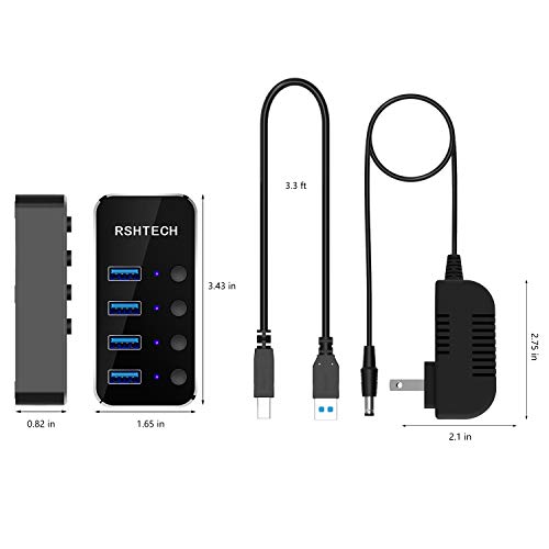 RSHTECH-Powered-USB-Hub-4-Port-USB-30-Hub-Splitter-Portable-Aluminum-USB-Data-Hub-Expander-with-Individual-OnOff-Switch-and-Universal-5V-AC-Adapter-33ft-USB-30-Cable-RSH-516
