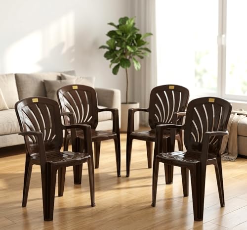 Image of Patiofy Plastic Chair Set of 4 for Home & Outdoor Use | Heavy Duty Comfortable Chair with Strong Legs | Easy to Clean | Suitable for Living Room, Balcony (Pack of 4-Elba | Brown)