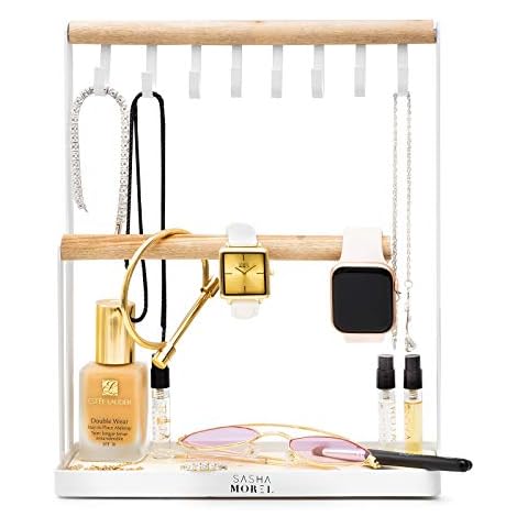 Sasha Morel Jewellery Organiser Display Stand with Wooden Ring Holder Tray and Hooks | Necklace, Bracelet, Watch, Earring Storage Holder | Jewelry Stand Tabletop Decor Cover
