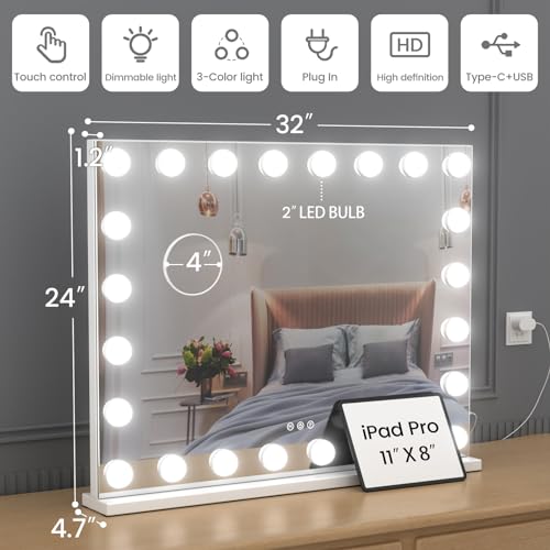 Large Hollywood Vanity Mirror with Lights - 32x 24, 10X Magnification, Dimmable LED Bulbs, Tabletop or Wall Mounted, White