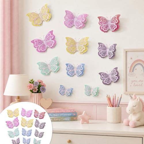 Image of Wanna Party Pastel Iridescent 3D Butterfly Wall Stickers - Pack of 12 | Glitter Butterfly Cutouts for Birthday Party Decoration, Baby Shower, Kids Room, Nursery, Craft & Photo Backdrop Decor