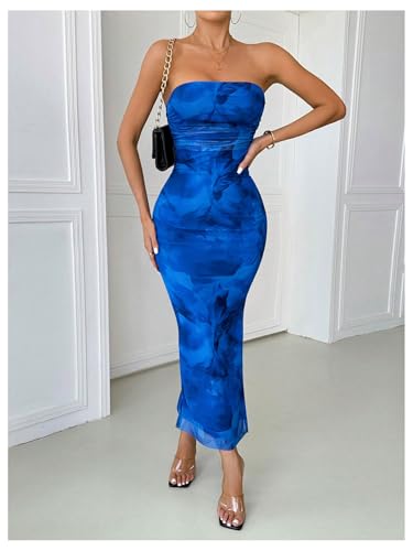 Image of GORGLITTER Women's Floral Strapless Bodycon Wedding Guest Dress Vacation Summer Birthday Tropical Maxi Long Sun Dresses