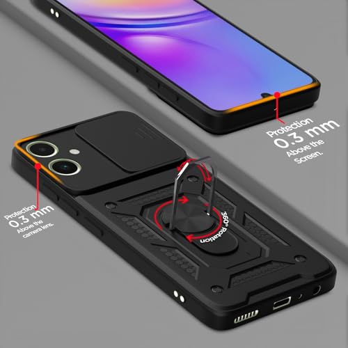 Image of Pikkme D10 Tough Armor Bumper Case | 360 Protection Case | Sliding Camera Shield Cover & Ring Holder Stand Back Cover for Samsung Galaxy M05 / A05 / F05 (Black)
