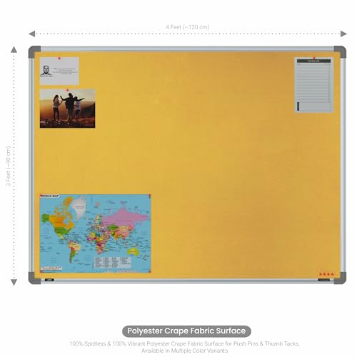 Image of Scholar Art Metis 3x4 Feet Bulletin Board for Study Table & Kids Room | Vibrant & Versatile Crape Cloth + High Density Soft Board for Pinning Photos, Sticky Notes & Reminders (Yellow)