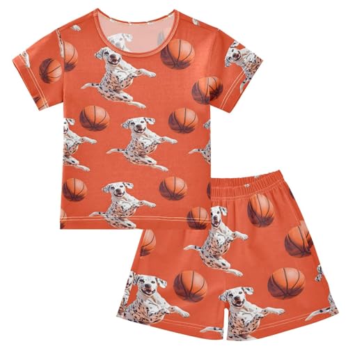 ALAZA Spotted Dog Basketball Pajamas Set Short Sleeve Cotton Sleepwear Summer Pjs 2 Piece 5-14Y