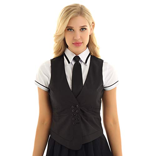 ACSUSS Womens Full Lined Vest V-Neck Front Double Breasted Vest Tops Waistcoat Black Small