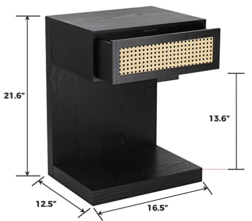 Rattan Nightstand, Black Side Table With Drawer, Modern Boho Nightstands, Mid-Century End Table With Storage, Small Side Tables Bedside Table For Bedroom Living Room Balcony (Black) #TOP2