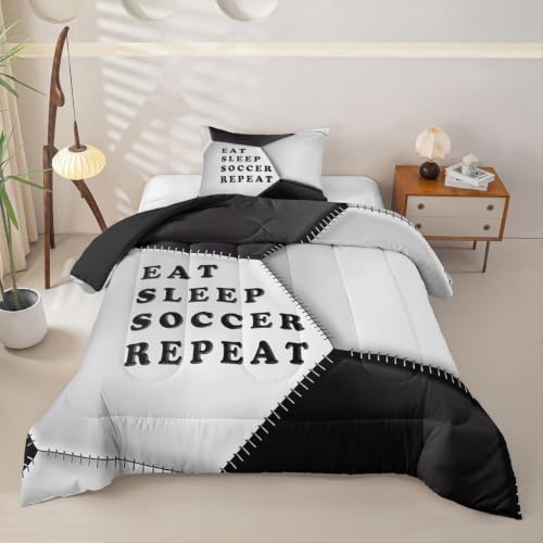 Image of Feelyou Soccer Comforter Set Twin Size Football Bedding Set for Kids Boys Girls Eat Sleep Sports Theme Duvet Quilt Bedroom Decor Microfiber 2 Pcs with 1 Pillow Case