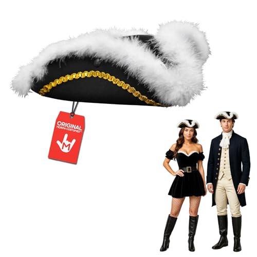 Nicky Bigs Novelties Black Pirate Hat For Women, Adult Colonial Three Cornered Cocked Tricorn Hat For Adults, Buccaneer Cap, Pirate Accessories Women with Gold Trim And Faux Feathers