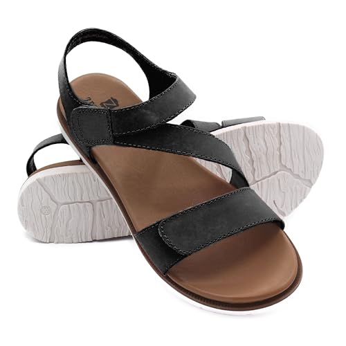 Zerimar - Sandały damskie skórzane-skórzane sandały damskie - antypoślizgowa gumowa podeszwa - zapięcie na rzepy- Obcas 2 cm, Czarny (Black), 36 EU
