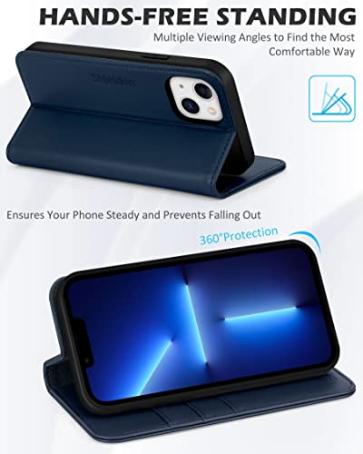 Shieldon Case For Iphone 13 Mini Genuine Leather Wallet Flip Magnetic Cover Rfid Blocking Card Holder Kickstand Shockproof Case Compatible With Iphone 13 Mini 5G (5.4 Inch, 2021 Release) - Navy Blue #TOP4