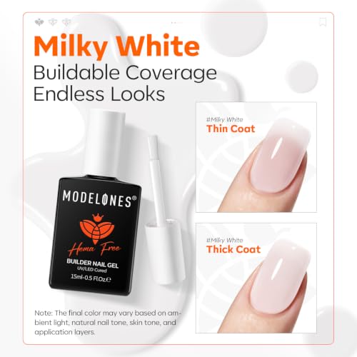 Image of modelones Builder Nail Gel Milky White HEMA-Free Builder Color Base | 8-in-1 Soft White Color Base Gel Polish Strengthener for Nail Extension, Natural Apex, Gentle Care, U /V Cured French Manicur