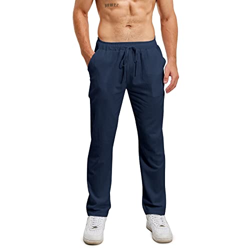 Lanckeli Pantalones de Yoga de Playa de Lino con Cordón para Hombre, Pantalones Largos Casuales Sueltos y Ligeros.
