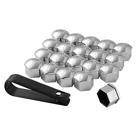 JSCARLIFE 20 Pieces Wheel Nut Cap, Universal Tyre Nut Covers Wheel Bolt Nut Caps Covers with Removal Tool for Cars (Silver, 19mm) Cover
