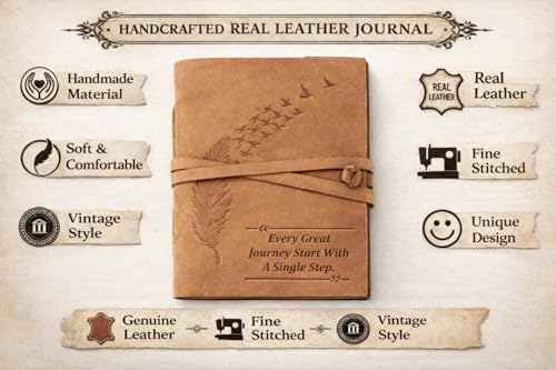 Image of AccuPrints Leather Diary Embossed With Leaf of Tree & a Quote Antique Handmade Leather Bound Diary cum Notepad for Men and Women Plain Paper of 5x7 Inch Size 240 Pages Perfect for Travel Diary