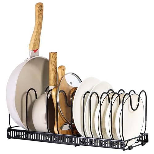 Foeska Expandable Pans Organiser Rack, Pan Lid Storage with 10 Adjustable Dividers, Kitchen Cabinets Storage, Suitable for Storing Cookware, Dinner Plates, Cutting Boards and Trays