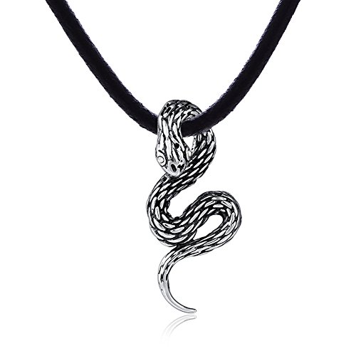 Collar de piel para hombre DonDon 50 cm con colgante de serpiente inoxidable con circonitas blancas en un diseño