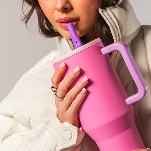 Image of 1200ML Stainless Steel Tumbler with Handle & Flip Straw | Leak Resistant, Insulated Water Bottle with Rubber Base | Travel, Gym & Car Cup Holder Friendly (Pink Dahlia)