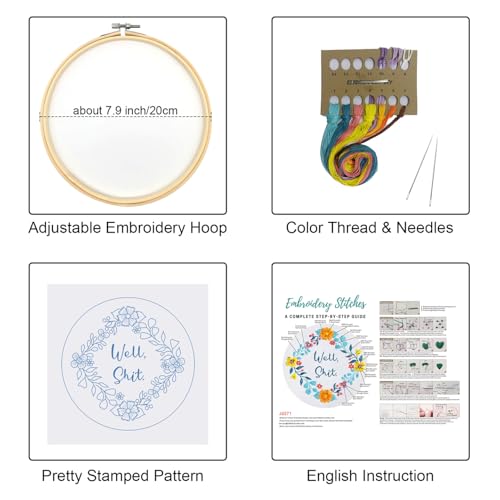 Image of Louise Maelys Funny Embroidery Kit for Beginners,Adults Cross Stitch Kits with Flower Wreath Pattern,Needlepoint for Starters Including Cloth,Hoop,Instruction and Threads