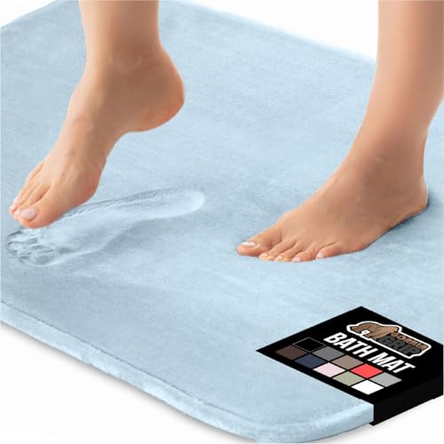 GORILLA GRIP Memory Foam Bath Rugs, Soft Absorbent Velvet Bathroom Mats, Durable Dots on Underside, Machine Washable Bathmat, Carpet Rug Room Decor for Shower Floor, 24x17 Mat, Light Blue