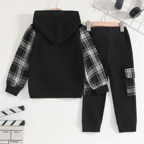 Image of OLMRJKD Toddler Baby Boy Clothes Plaid Long Sleeve Hoodie Sweatshirt + Pants 2pcs Boys Outfit Set