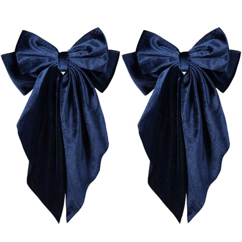 2Pcs Navy Blue Hair Bows Large Velvet Hair Ribbons Bow French Barrettes Clip Long-Tail for Women Girls Oversized Cute Aesthetic Wedding Prom Party Hair Styling Accessories