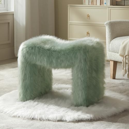 TROJM Vanity Stool Chair Small Footstool Ottoman Faux Fur Seating Backless Modern Foot Rest Ottoman Furry for Makeup Room Living Room Bedroom Entryway Green (Single 1)
