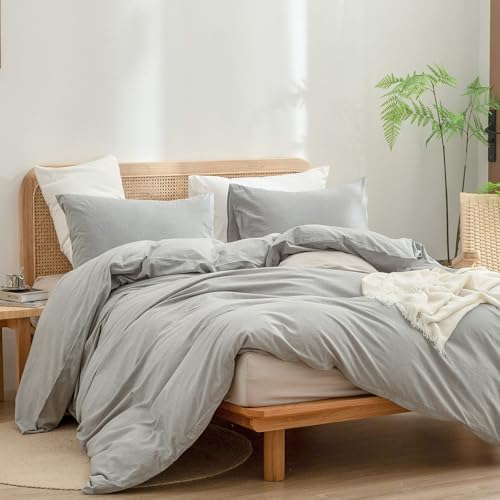 Image of BESTOUCH Cotton Solid Duvet Cover Set Linen Feel Light Grey Oversized Full | Washed Cotton, Linen Feel, Soft Wrinkle Texture, Hidden Zipper, 8 Ties, Breathable Lightweight Durable Comfy, 3Pcs No Insert