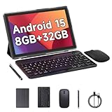 Android 15 Tablet, 10 Inch 8GB RAM+32GB ROM+1TB Expand, 1.8Ghz Quad-core Processor, 2 in 1 Tablets with Keyboard/ Mouse/ Case/ Stylus, 8MP Camera, 6000mAh Battery, 1280*800 HD Screen, 5G WiFi 6 Tablet