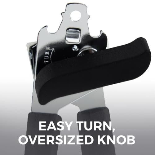 Image of Kitchen Genie Slip Resistant Stainless Steel Manual Can Opener, Sharp Blade for Smooth Edge Cuts, Easily Open Cans, Ergonomic Handles with Easy to Turn Knob, Built-In Bottle Openers, Pitch Black