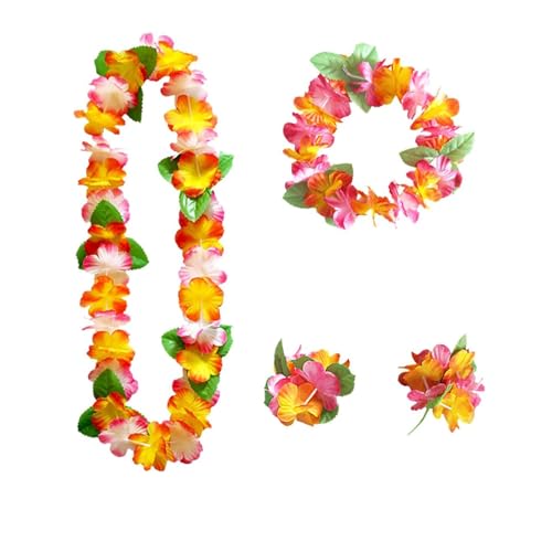 SOPSTUO Hawaiian Garland Hawaiian Leis Set Hawaiian Fancy Dress Garland Necklace Wristbands Luau Aloha Flower Lei for Tropical Party Accessories for Adults (Orange)