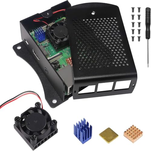 ALAMSCN for Raspberry Pi 3 Metal Case for RPi 3 Aluminium Case Protective Shell Box Wall Mounted Enclosure with Dual Cooling Fan Heat Sink for Raspberry Pi 3 B+ RPi 3 RPi 2B+ RPi 2 B Black