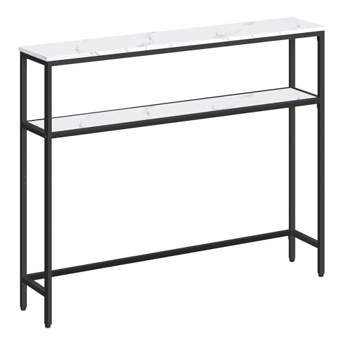 VASAGLE Mesa de Consola de 2 Niveles, Mesa Auxiliar con 2 Estantes, 20 x 100 x 80 cm, para Sala de Estar, Pasillo, Recibidor, Blanco Mármol y Negro Tinta LNT131W59