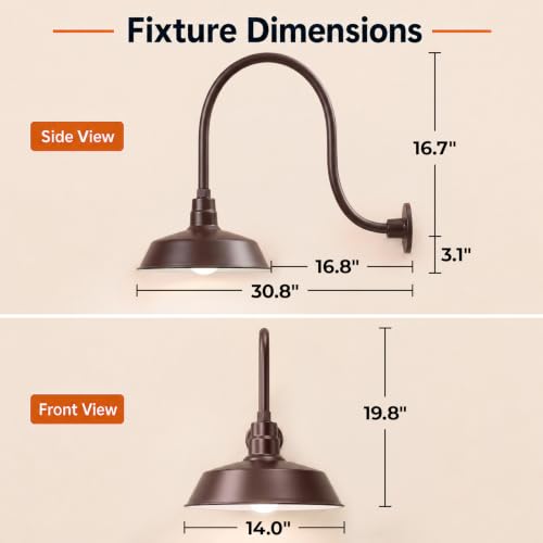 Image of 14in. Architectural Bronze Outdoor Gooseneck Barn Light Fixture With 24in. Long Extension Arm - Wall Sconce Farmhouse, Antique Style - UL Listed - 9W 900lm A19 LED Bulb (5000K Cool White) - 2-Pack