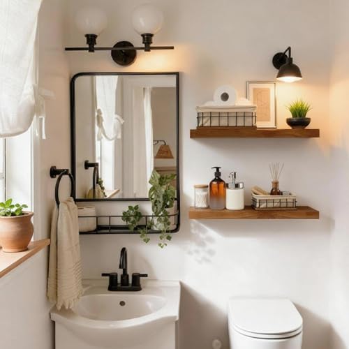 Image of IAE Walnut Floating Wall Shelves 16 inch, Bathroom Shelves Wall Mounted,Invisible Shelf Floating Kitchen Shelves,Wooden Wall Shelving with Brackets for Living Room Wall Mounted,Easy Install,Set of 2