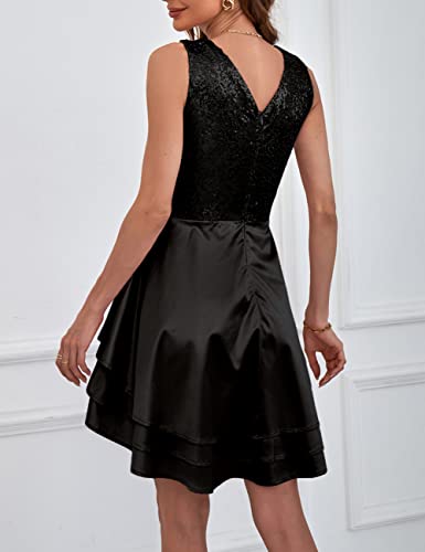 Lrady Women's Sequin Glitter V Neck Skater Mini Club Cocktail Party Swing Dress2