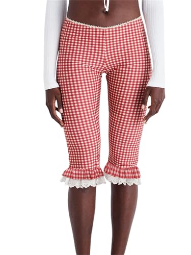 Sunloudy Y2k Capri Pants for Women Gingham Tights Knee Length Bottom Low Waist 3/4 Length Cropped Legging Coquette Streetwear
