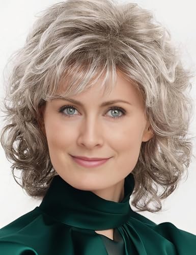TISHINING Short Gray Curly Wig with Bangs for White Women Layered Mixed Grey Curly Bob Synthetic Full Wig Natural Looking Daily Party Wig Salt and Pepper Wigs for Women