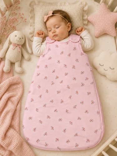 Image of TuddyBuddy Baby Cotton Wearable Quilted Sleeping Bag Blanket 1.5 Tog with 1 Way Zipper Closure | Ideal for Babies & Kids Hypoallergenic Fabrics | (Roses AOP - Pink, 0-6 Months)