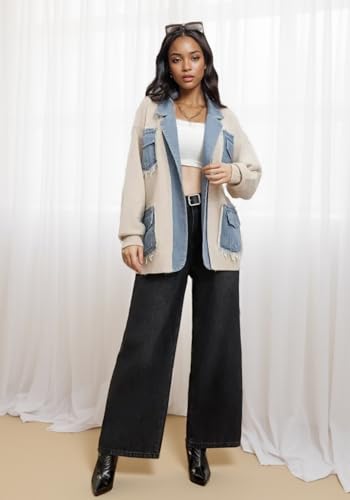 Tbahhir Women's Denim Patchwork Sweater Cardigan Open Front Chunky Knit Outwear Casual Jacket Coat with Pockets3