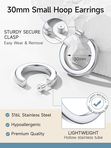 Image of Stainless Steel Chunky Hoop Earrings For Women, Minimalist and Chic, Black /Gold Plated, Round Hoops Earrings Hypoallergenic, Size: 30mm /40mm /60mm /80mm, Come with Box